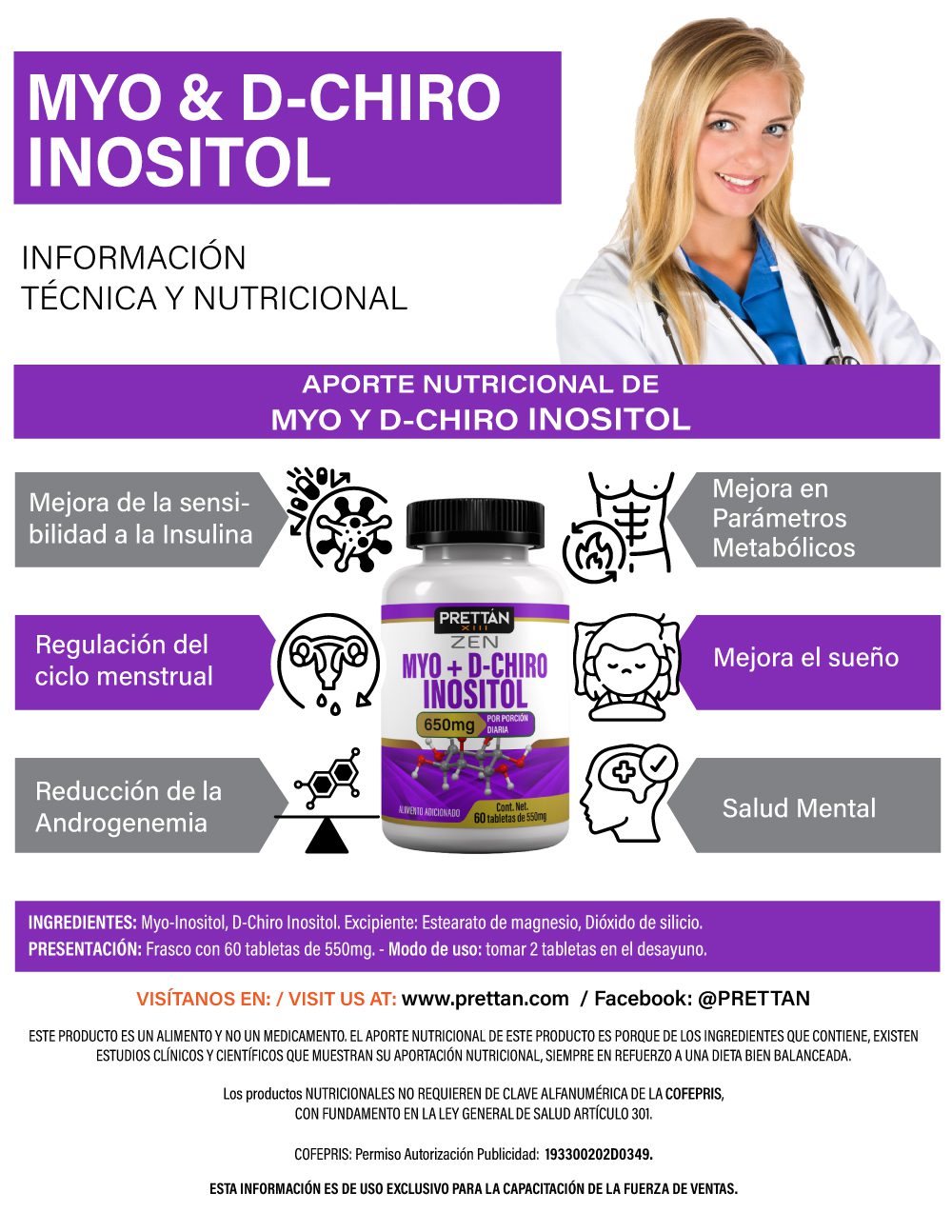 Myo-Inositol + D-Chiro Inositol - Frasco con 60 tabletas de 550mg - Imagen 2